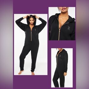 Savage X Fenty Black Forever Savage Rose Gold Hardware Hooded Onesie Jumpsuit
